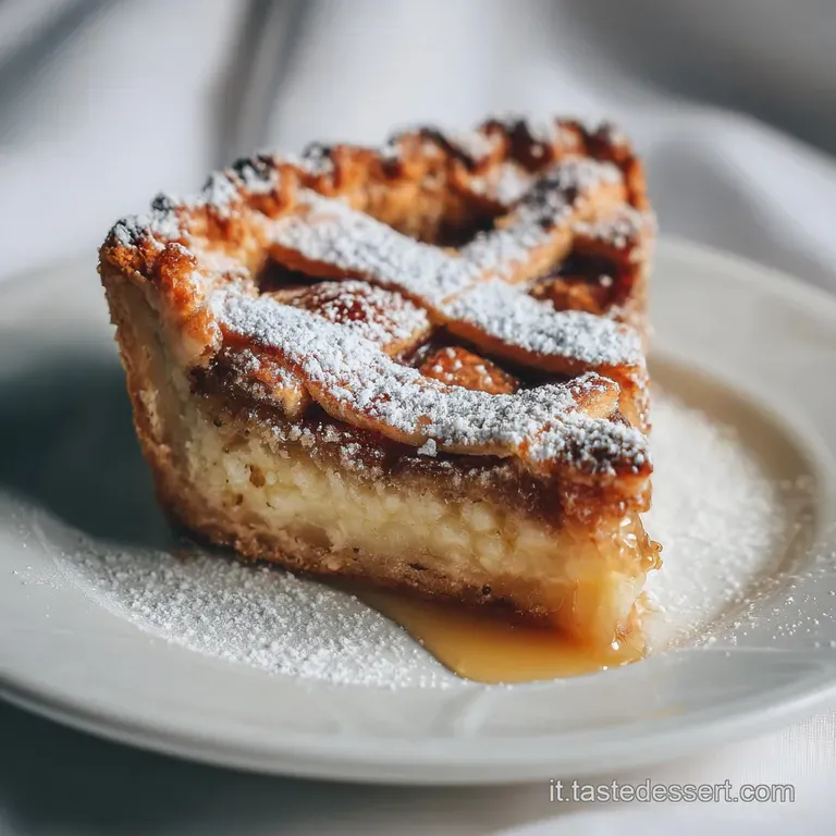 Slice of rich pastiera on white plate, ricotta filling peeking, surrounded by citrus zest and floral garnish.