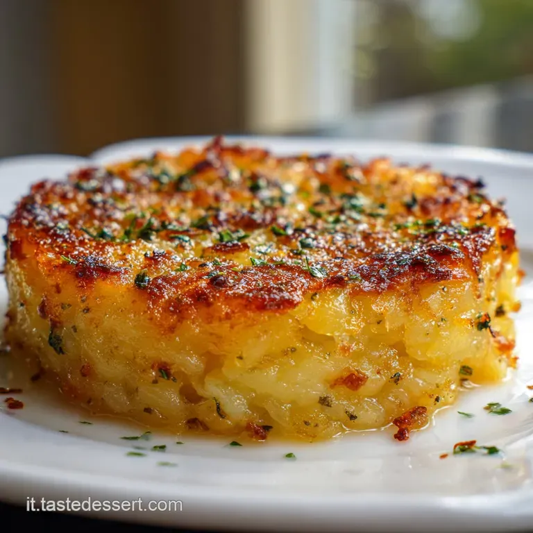 An artfully arranged stack of crisp, golden potato pav&eacute;, glistening slightly and dusted with fresh green herbs.