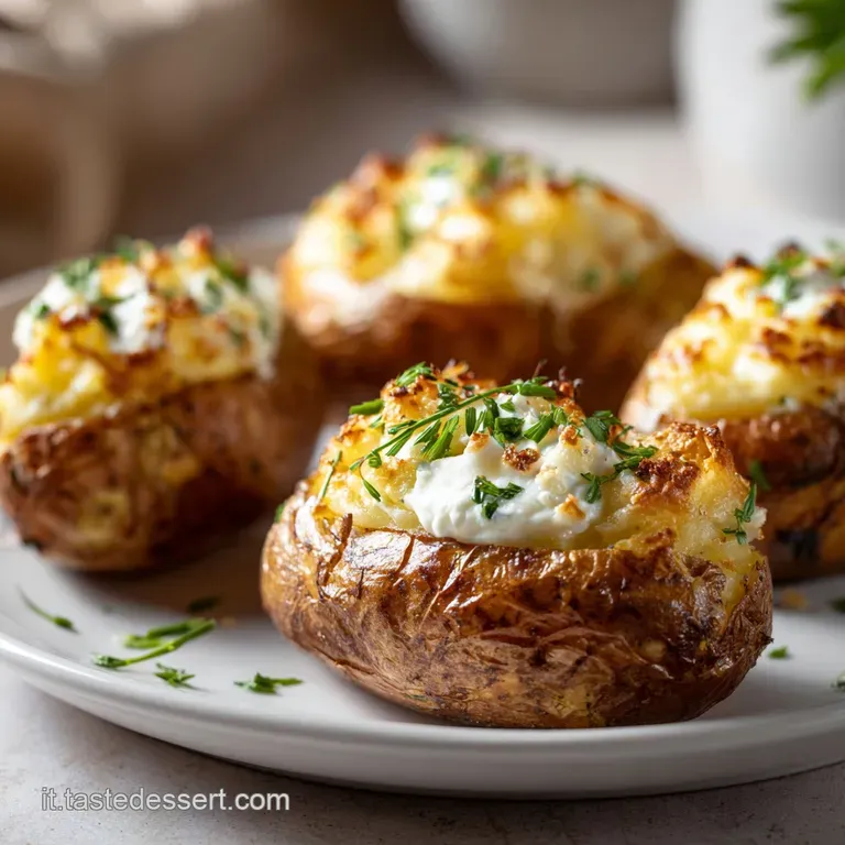 Perfectly plated baked potato, glistening with olive oil, herbs and cheese, beside a bright green salad with lemon wedge.