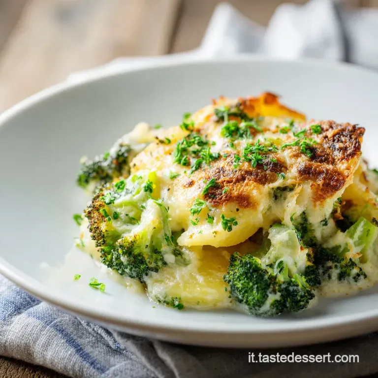 A creamy, cheesy potato and broccoli gratin, plated with a sprinkle of herbs. Hints of browning on the crispy edges.
