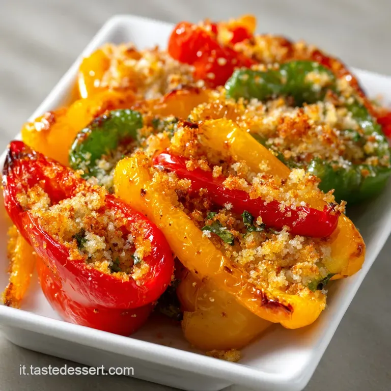 Vibrant peppers stuffed with toasted breadcrumbs glisten on a white plate, inviting a delicious and rustic Italian meal.