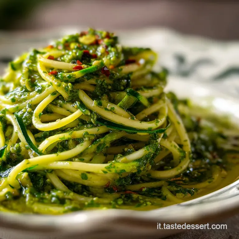 A swirl of emerald pesto pasta on a white plate, topped with fresh basil and toasted pine nuts. Steam rises, inviting the ...