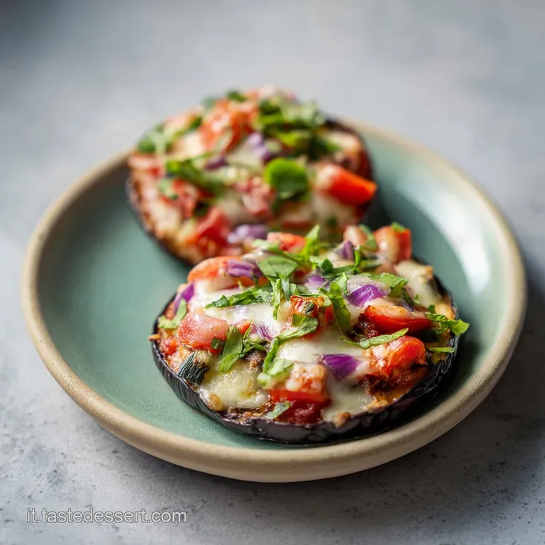 A rustic wooden board showcasing golden-brown baked eggplant pizzettes, glistening with olive oil and garnished with basil.
