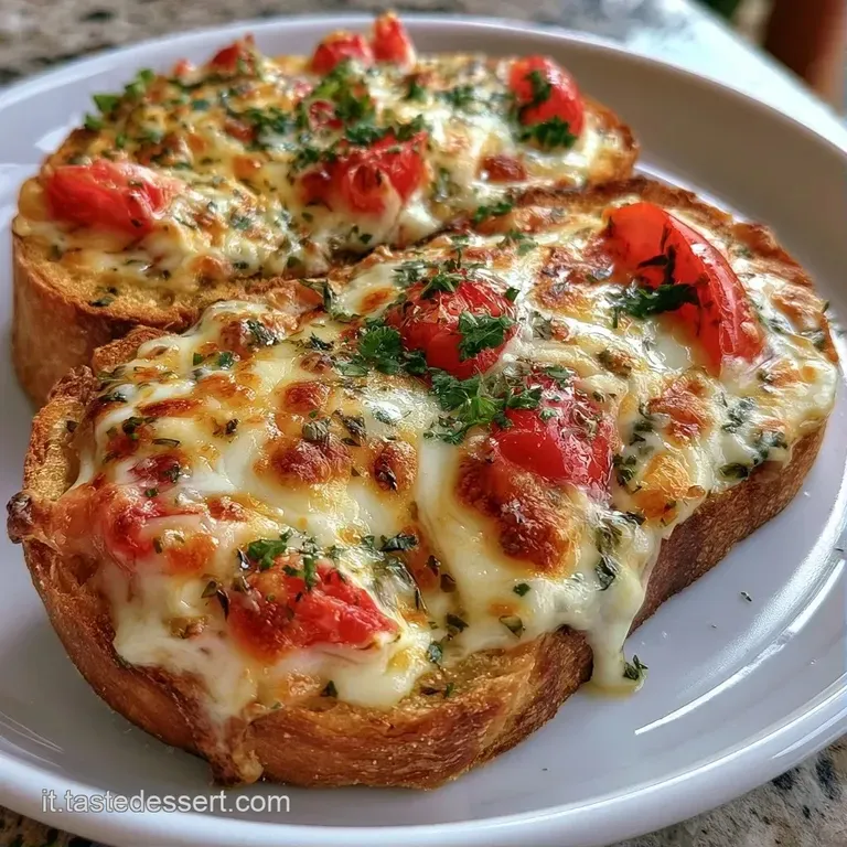 Piccoli toast croccanti disposti con cura su un piatto bianco, con formaggio fuso dorato e foglie di basilico fresco.