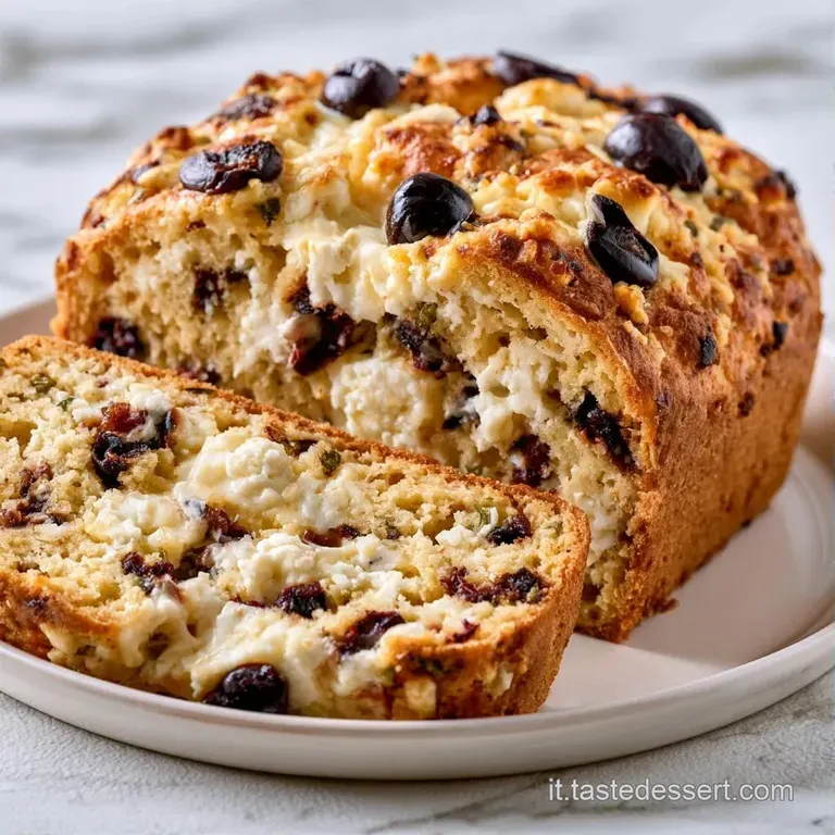 Fetta di torta salata soffice su piatto bianco, con olive lucide e un rametto di rosmarino fresco come decorazione.