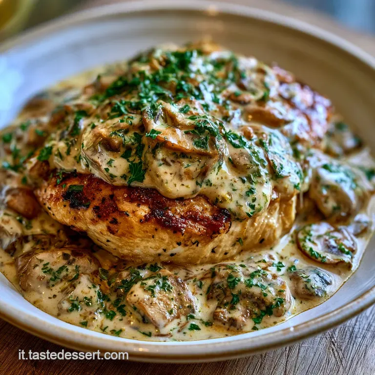 Filetti di pollo lucidi adagiati su vellutata salsa bianca, guarniti con funghi bruniti in un piatto di ceramica.