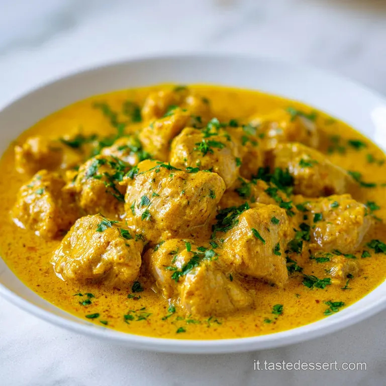 Pollo cremoso color zafferano adagiato su riso basmati vaporoso, servito in un piatto moderno con guarnizioni verdi brilla...