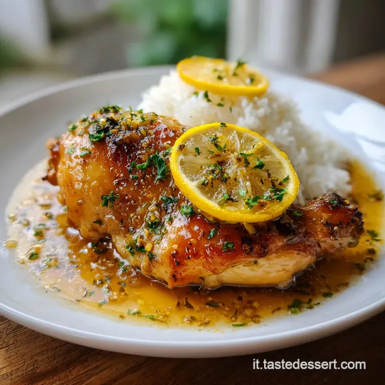 Elegant plate featuring succulent lemon chicken with a glossy, pale-yellow sauce. Garnish of bright parsley adds a fresh t...