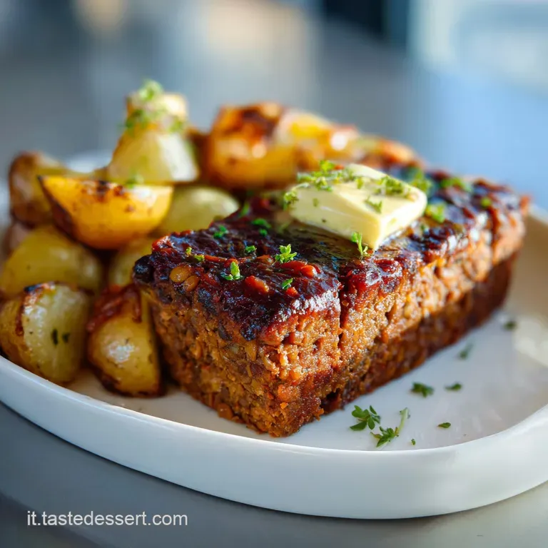 Slice of earthy lentil loaf alongside crispy, herbed potatoes. Rustic elegance with appealing texture, perfect for a delic...
