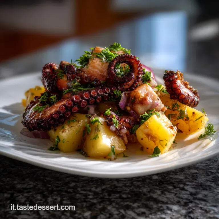 Elegant plate of charred octopus and roasted potatoes, drizzled with lemon oil. The octopus glistens, offering a textural ...