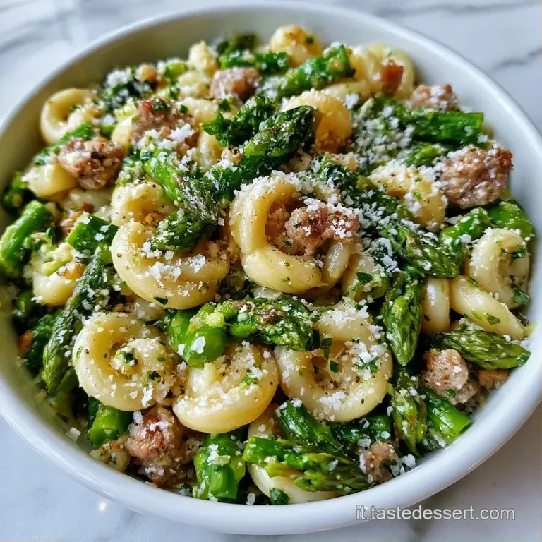 Composizione raffinata con asparagi teneri disposti con cura, carne saporita e una pioggia di formaggio grattugiato.