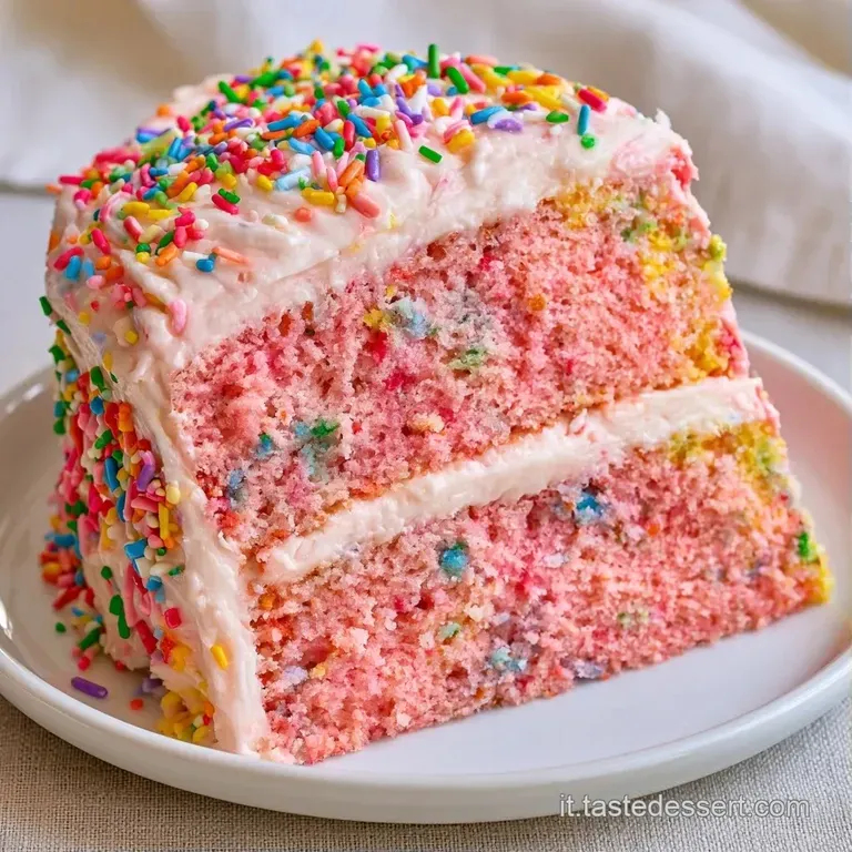 Fetta di torta con strati vividi di rosso, giallo e blu, servita su piatto bianco con crema bianca soffice.