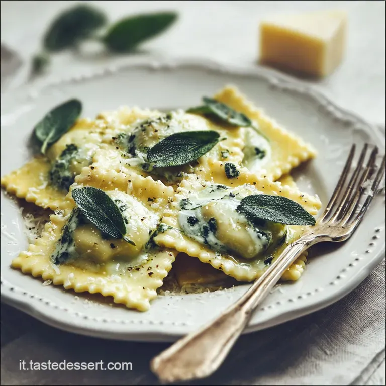 Elegant plate of vibrant green ravioli, drizzled with browned butter, garnished with crispy sage, and sprinkled with cheese.