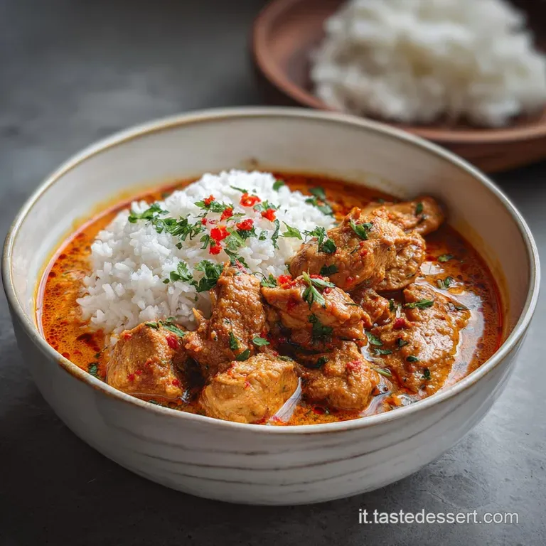 Elegant plate featuring tender chicken curry with vibrant spices. Fluffy rice & sprig of cilantro complete this flavorful ...