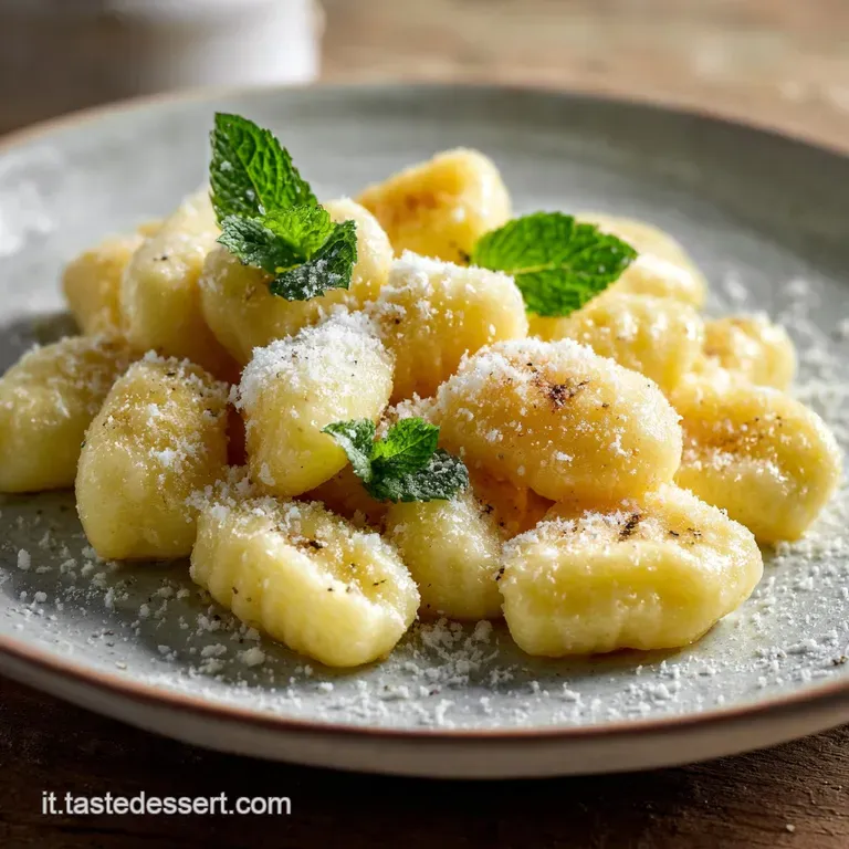 Elegant plate of gnocchi, nestled in sauce and topped with fresh basil. A sprinkle of cheese completes the dish; warm and ...