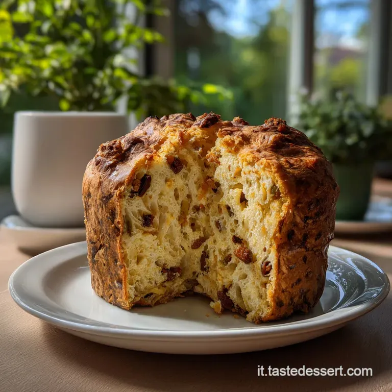 Elegant slices of panettone, arranged with colorful fillings, garnished with fresh herbs, a feast for the eyes and a promi...
