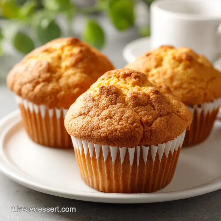 Muffin soffici disposti su un piatto di ceramica bianca, accompagnati da un tovagliolo di lino e luce naturale calda.