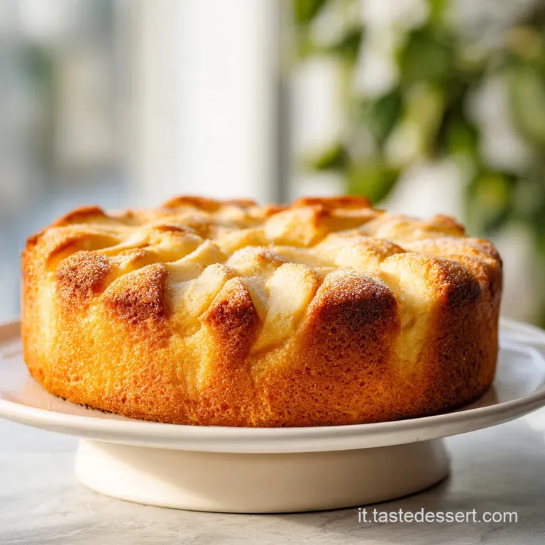 Slice of moist apple cake with visible apple chunks, served on a white plate. Hints of cinnamon and warm spices.