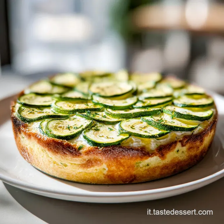 A neat slice of zucchini tart on a white ceramic plate, showing flaky pastry layers and a rich, creamy center.