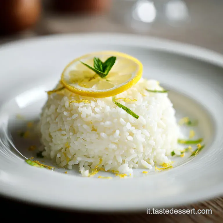 Elegant plate of creamy lemon rice salad topped with fresh parsley. A refreshing and light dish with vibrant color and tex...