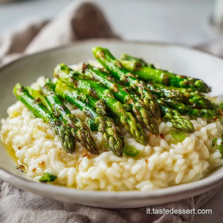 Elegant plate of vibrant risotto with bright green asparagus spears. A sprinkle of cheese adds a savory touch.