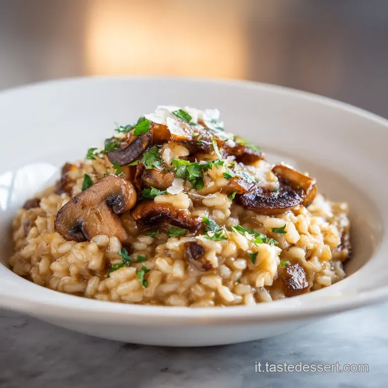 Elegant plate of creamy mushroom risotto, garnished with fresh herbs and a drizzle of olive oil. Steam rises enticingly.