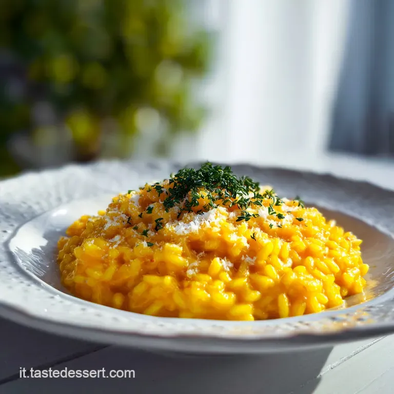 Elegant plate of golden risotto, artfully arranged with a sprig of parsley. Steam rises, hinting at its warm, comforting a...
