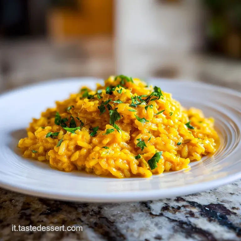 Elegant plate of vibrant orange risotto, topped with crispy sage leaves and a dusting of parmesan. Creamy texture is appar...