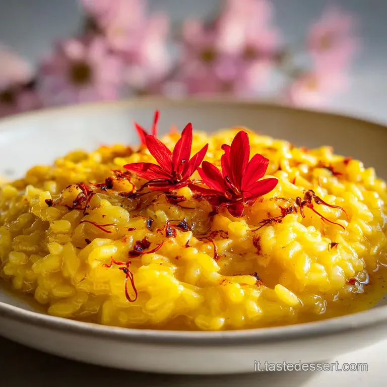 Elegant plate of saffron risotto, a swirl of creamy gold, topped with a delicate edible flower and vibrant green herbs.