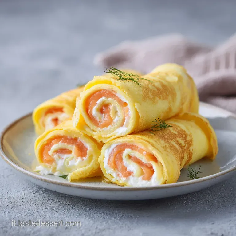 Rotolini di crespelle disposti con cura su un piatto bianco, con gocce di salsa cremosa e un rametto di aneto fresco.