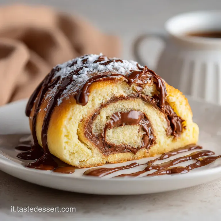A slice of rotolo, dusted with powdered sugar, sits elegantly on a white plate, its Nutella filling a tempting, soft brown...