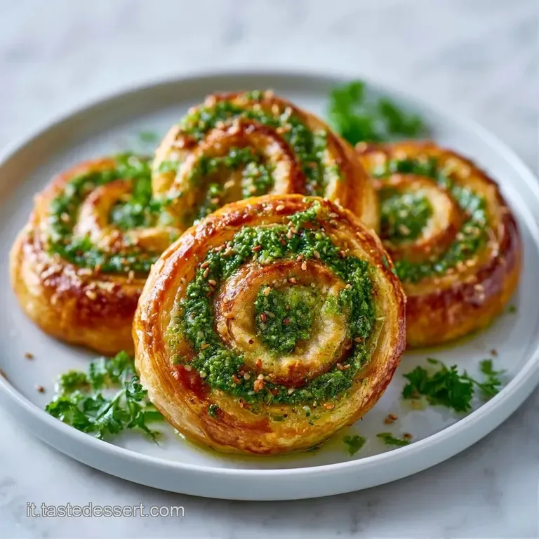 Piccoli rotolini di pasta sfoglia dorata disposti con cura su un piatto scuro, decorati con grani di sale marino.