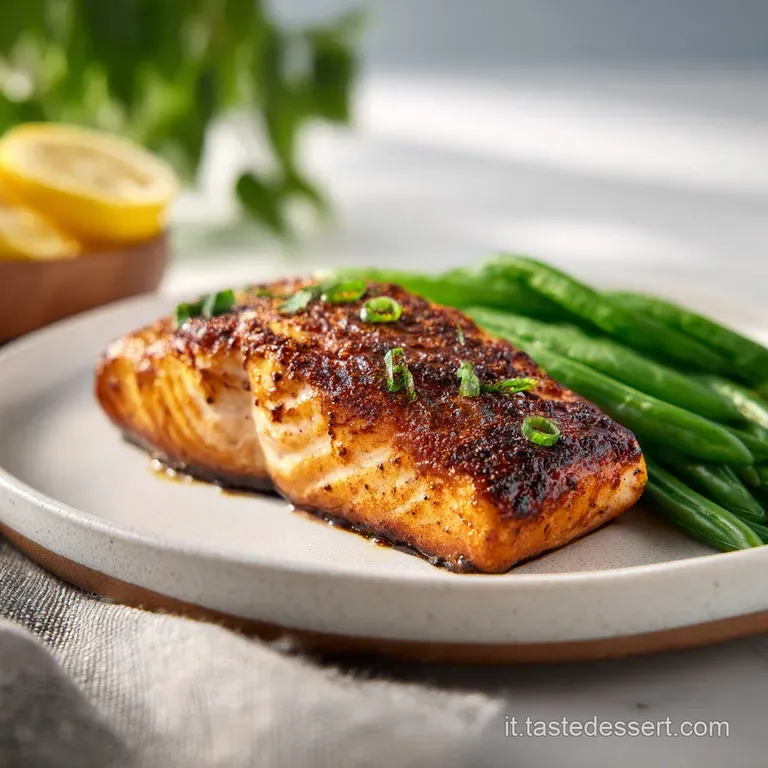 Flaky salmon fillet served atop a bed of colorful vegetables. Sprigs of fresh herbs add a bright, aromatic touch to the pl...