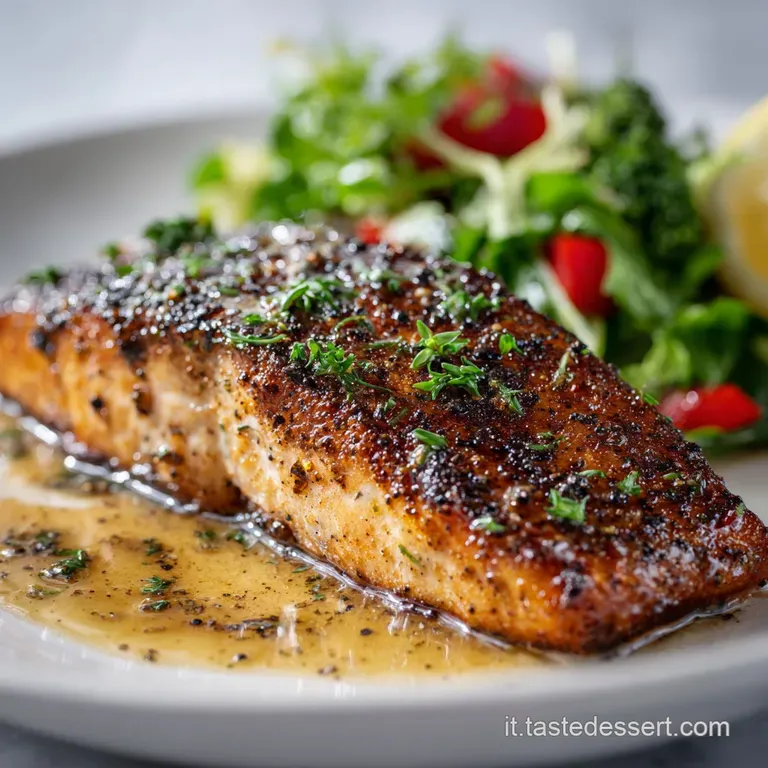 Pan-seared salmon atop a bed of colorful sauteed vegetables. A lemon wedge provides a bright contrast to the rich fish.