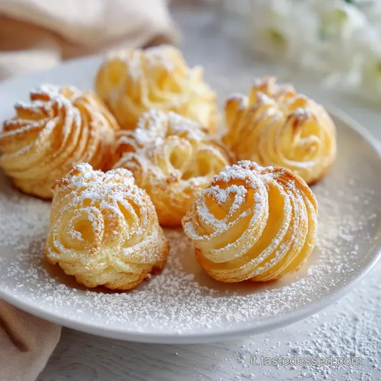 Due dolci a conchiglia dorati su un piatto bianco, con un cuore di crema densa e bianca e scaglie di pasta friabile.