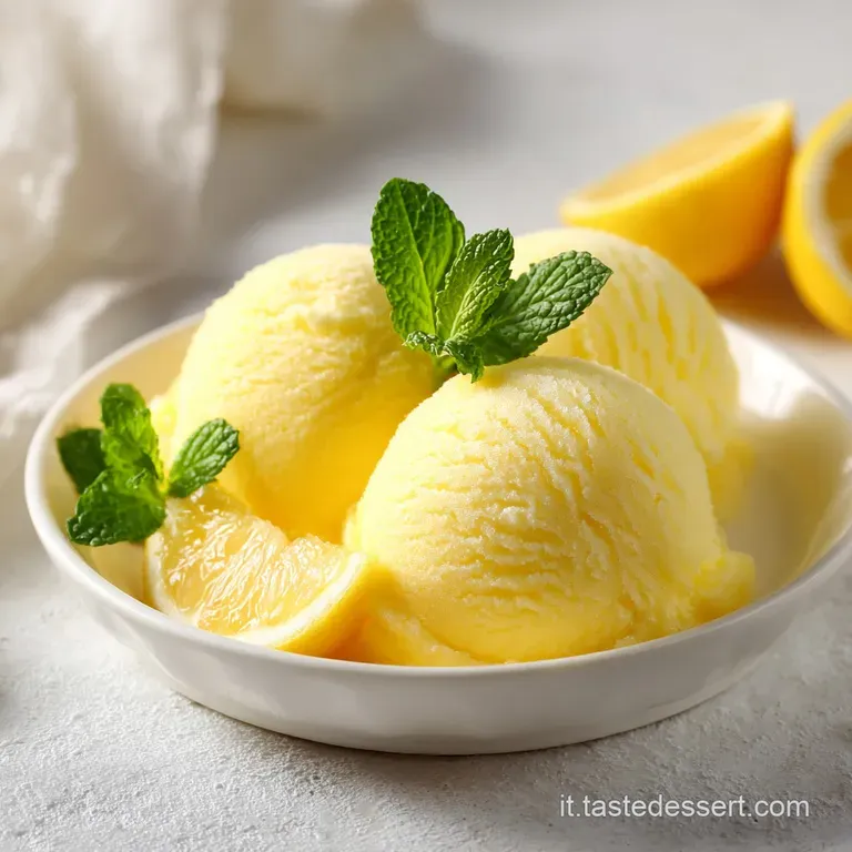 Scoops of bright yellow lemon sorbetto artfully arranged in a chilled glass bowl, garnished with mint.