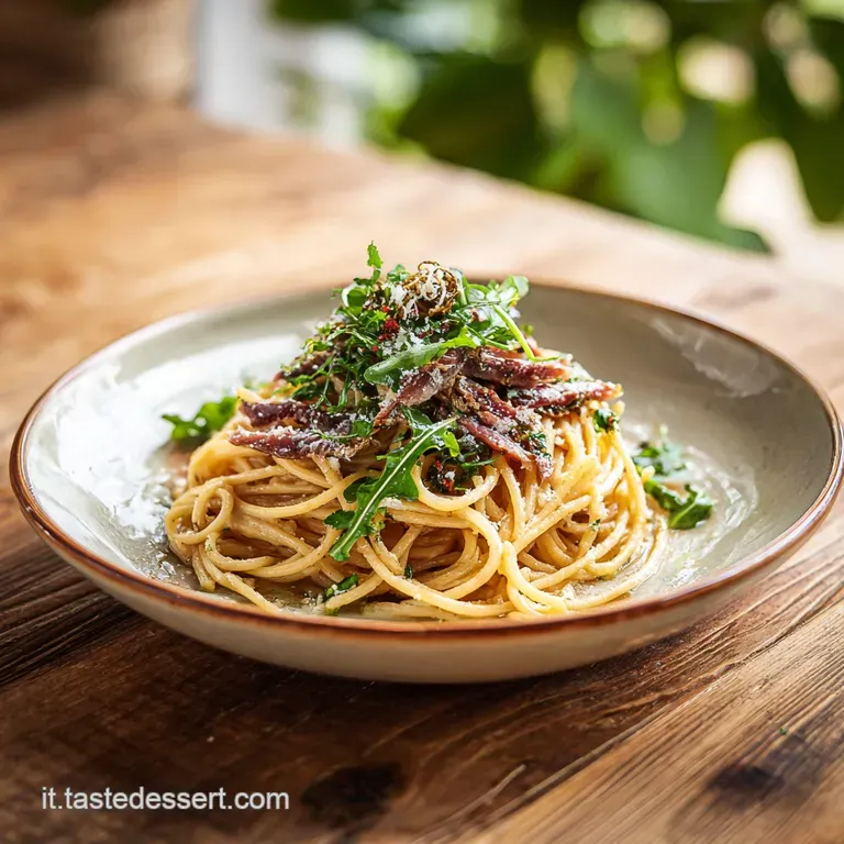 A twirl of spaghetti coated in a light sauce, garnished with toasted breadcrumbs and fresh parsley, presented on a white p...
