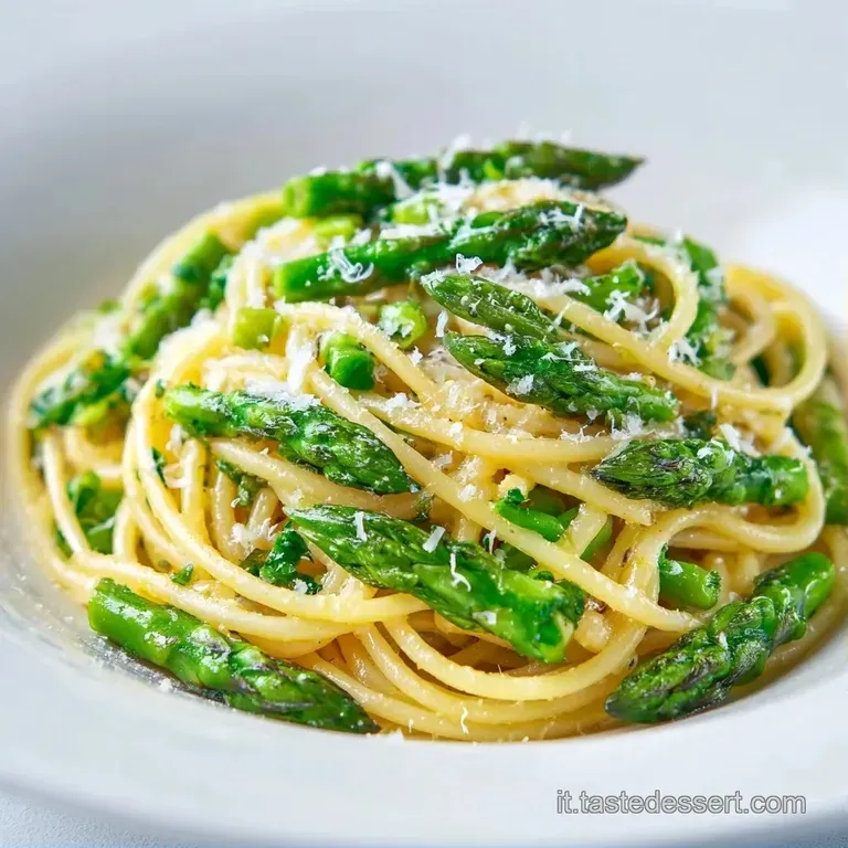 Spaghetti disposti a nido in un piatto bianco, avvolti in crema lucida con asparagi verdi croccanti in cima.