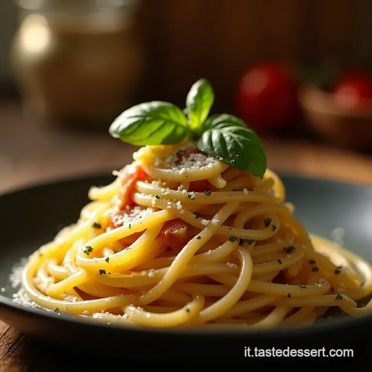 Spaghetti Allombra Del Vesuvio Crema Vellutata Di Melanzane Affumicate Aglione Croccante E Profumo Di Basilico presentation