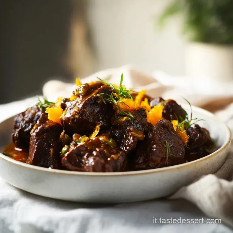 Carne succosa adagiata su una crema di patate vellutata, completata da un fondo bruno lucente e un rametto di timo.
