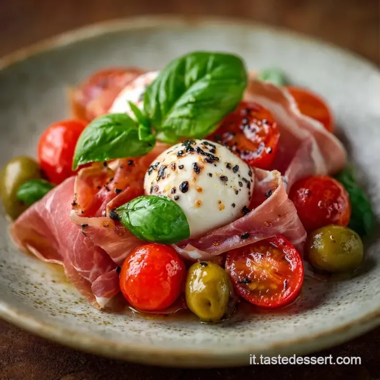Spiedini di antipasto disposti a raggiera su un vassoio scuro, con contrasti tra il rosso lucido e il bianco cremoso.