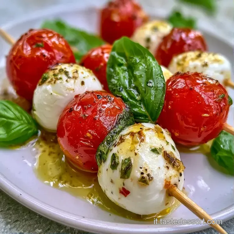 Spiedini colorati disposti con cura su vassoio, decorati con gocce di glassa balsamica scura e olio d'oliva dorato.