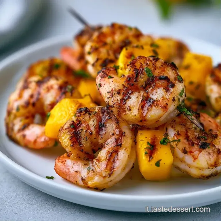 Spiedini colorati disposti con cura, gamberi succosi e mango fresco guarniti con foglioline verdi su base di ceramica.