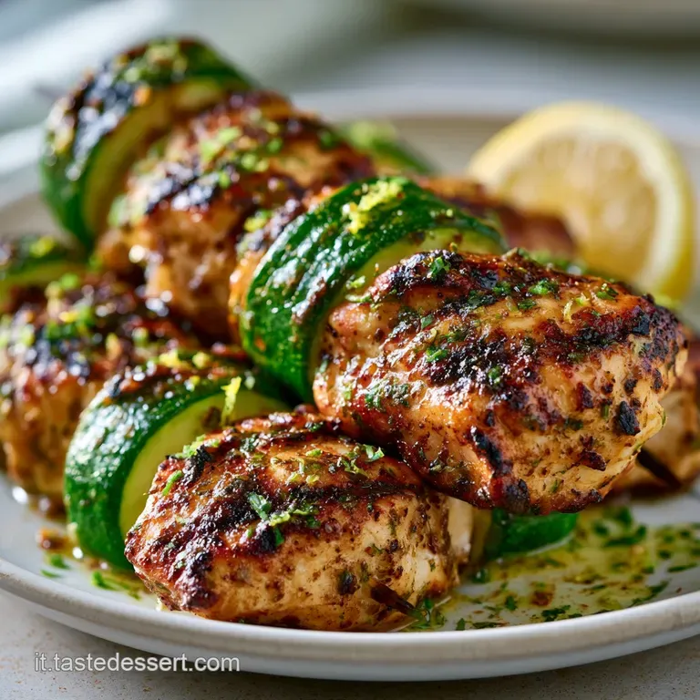 Spiedini di pollo ben rosolati e zucchine tenere disposti con cura su un piatto di ceramica con un rametto di prezzemolo.