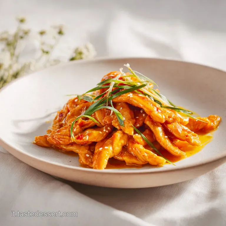 A vibrant plate of juicy chicken straccetti shimmering with citrus sauce, sprinkled with parsley.