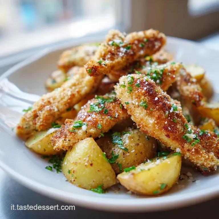 Artfully arranged plate of tender chicken strips and crispy roasted potatoes, garnished with fresh parsley and a lemon wed...