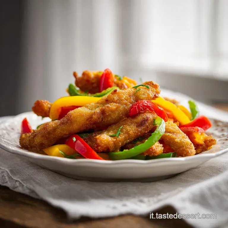 Saut&eacute;ed chicken and peppers plated elegantly, bright colors, fresh parsley garnish. Steaming, tempting.