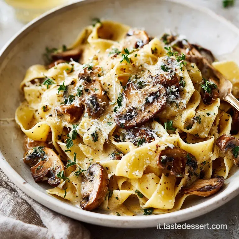Perfectly twirled nest of tagliatelle topped with rich, cream-coated porcini mushrooms. Parsley adds a vibrant touch.