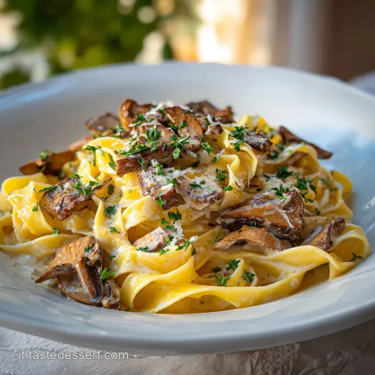 Elegant plate of tagliatelle, creamy sauce artfully draped over the pasta, with perfectly placed porcini and a sprinkle of...