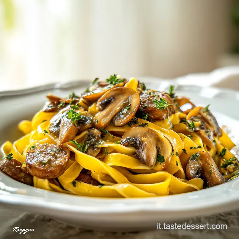 Elegant plate of tagliatelle: curled ribbons of pasta with hearty sausage and earthy mushrooms, topped with fresh parsley....